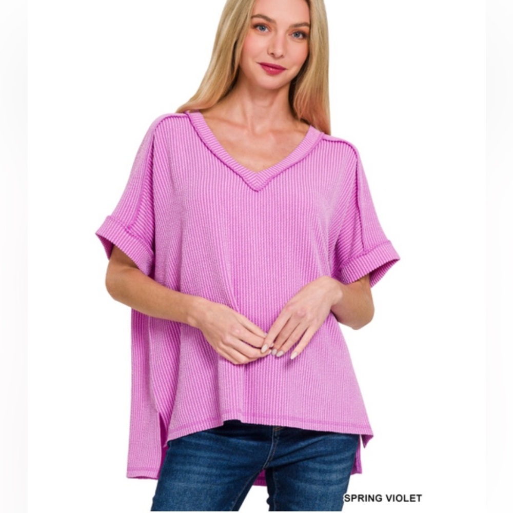 Zenana Outfitters Spring Violet Ribbed V-Neck Tunic